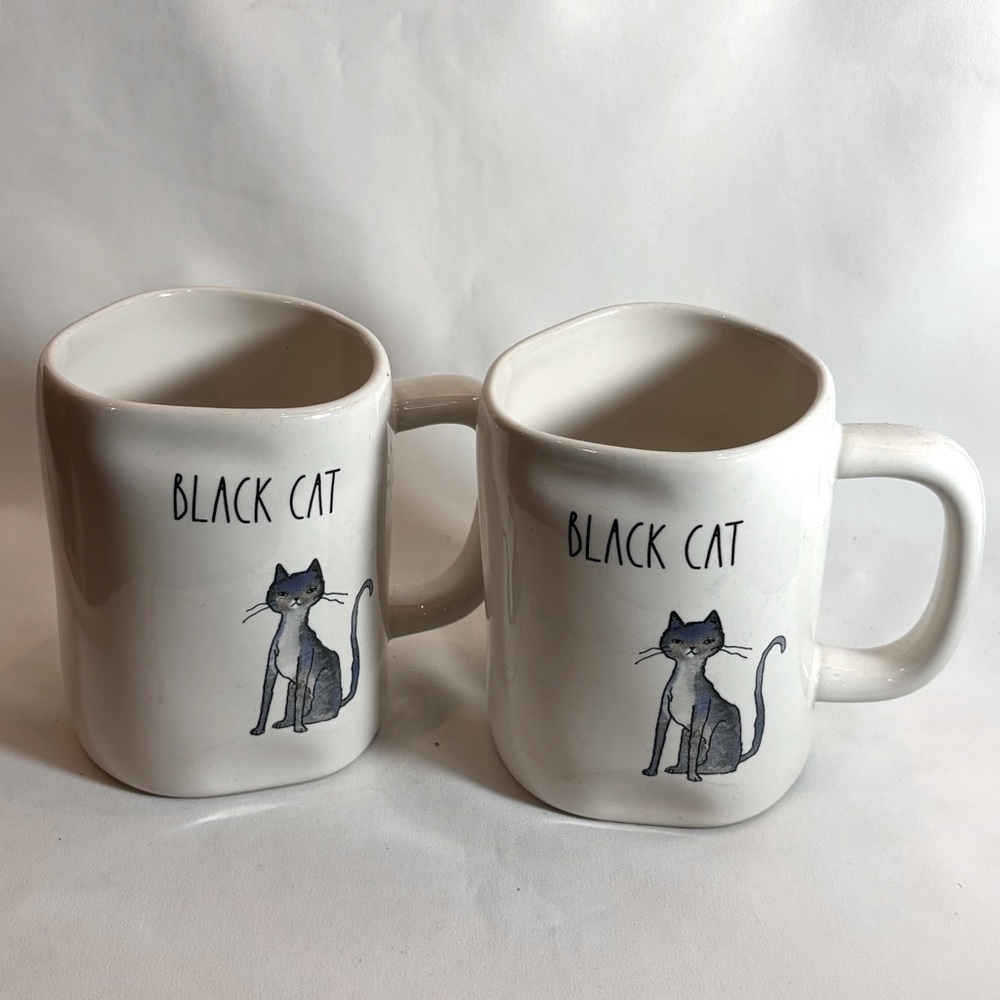 RAE DUNN Mugs Black Cat Writing and Design 16 Ounce Capacity Set of 2
